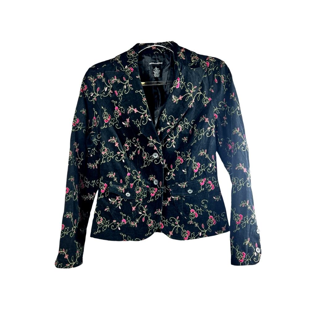 Vintage Black Corduroy Blazer Floral Embroidered Jacket Tailored Small